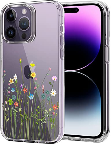 Unov Hülle für iPhone 14 Pro, Hülle Klar mit Motiv, Blumen Blumenstrauß | Transparente Schlank Guter Halt, Rutschfest Prägung Muster, Stoßfest Schützende, Erhöhter Kameraschutz, Kratzfest Weich TPU