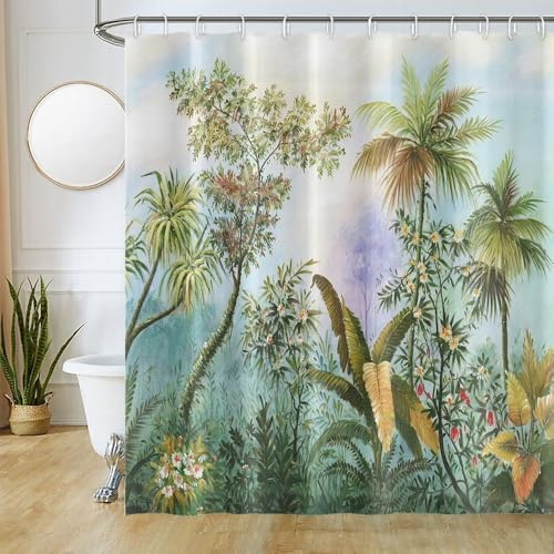 Duschvorhang Wald, Uiiooazy Duschvorhang Grün Blätter Dschungel Tropische Pflanzen Duschvorhänge Badewanne Anti Schimmel Wasserdicht Polyester Stoff Waschbar Blickdicht Bad Vorhang mit Haken 180x200cm