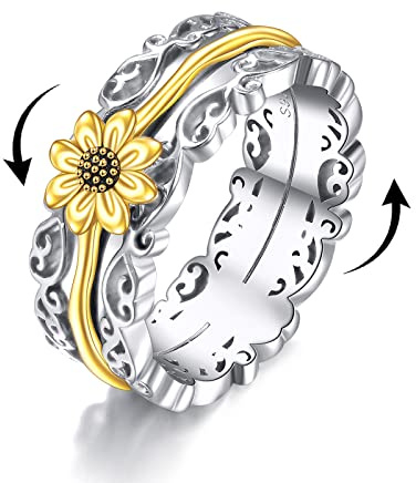 VONALA Sunflower Fidget Rings for Anxiety 925 Sterling Silver Sunflower Spinner Rings for Women Worry Ring Anti Stress Mood Rings Gifts Band Wide 7#