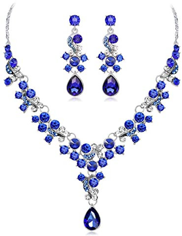 Brautschmuck Zirkonia Blau, Jewelry Set Woman mit Kristall in Runder Form Ohrring und Halskette Schmuckset Damen Hochzeit