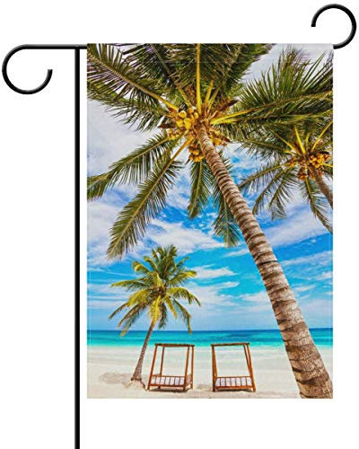 Drapeau de jardin - Palmier tropical à la plage de l'océan - Drapeau saisonnier - Couleurs vives - Décoration amusante pour l'extérieur et l'intérieur - 70 x 102 cm