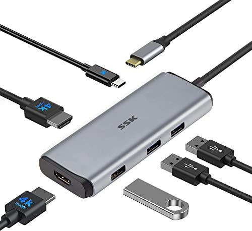 SSK 6 in 1 Multiport USB C Laptop Docking Station Adapter Dual monitor with 2 HDMI 4K, 100W PD 3.0 Powered, 3 USBport, Universal USB C 3.0 Thunderbolt Hub