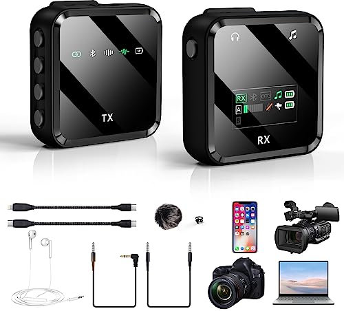 BraveKoi Microfono Inalambrico Profesional 2.4Ghz Microfono Solapa Cancelación De Ruido,Reverberación y Acompañamiento Bluetooth,para Cámaras DSLR,Teléfonos Móviles,Videocámaras,Cámaras,Portátiles