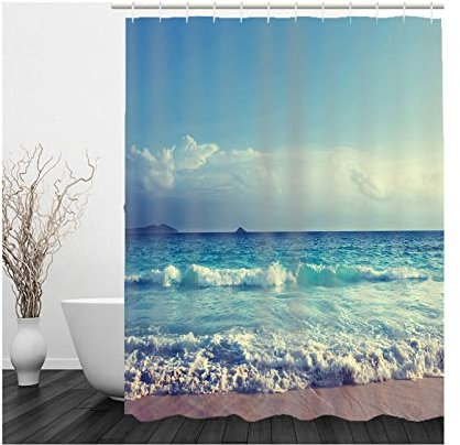 Whoiy Duschvorhang Waschbar Blau, Duschvorhang Eckbadewanne 150X180cm Polyester Duschvorhänge Meereshimmel Weiss für Badezimmer