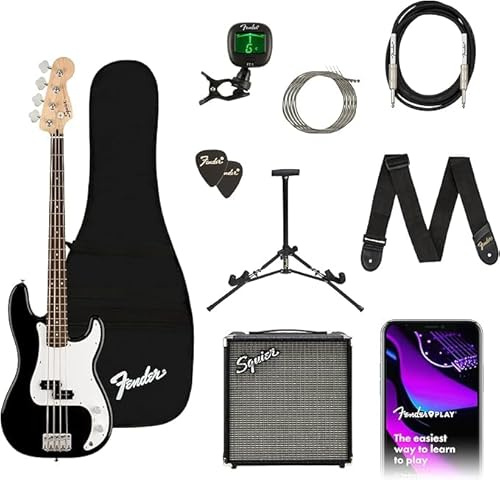 Squier by Fender Affinity Series Precision, Bajo Eléctrico, Paquete que incluye un Bajo con Diapasón de Arce, Negro, una Funda de Transporte y un Amplificador de Bajo de 15W