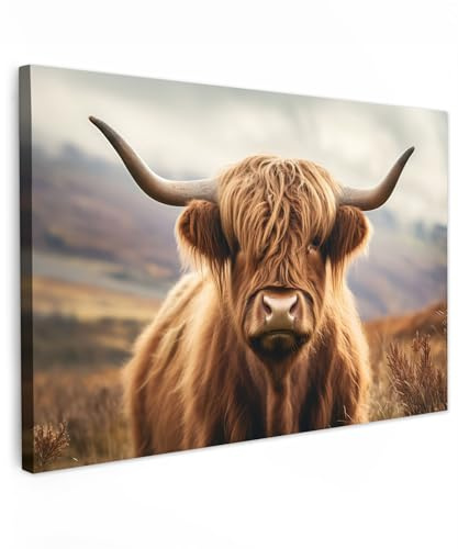 MuchoWow© Bild auf Leinwand Groß XXL Schlafzimmer Bilder Wand Deko | 120x80 cm - Wohnzimmer Modern Wanddeko Bilderwand Geschenk Schottische Hochlandrind - Kuh - Highland Cow - Landschaft - Tier