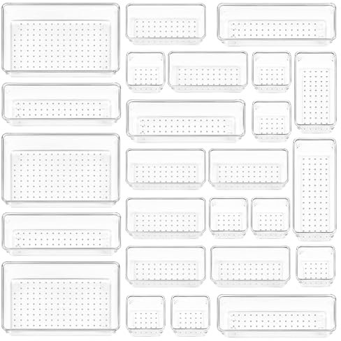 DONGQI Organiseur de Tiroir 25 PCS, 4 Tailles Boîtes de Rangement en Plastique, Organisateur Maquillage, Rangement Tiroir Diviseur de Tiroir Plateau, pour Papeterie Bijoux Cosmétiques