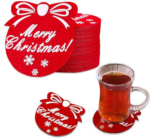 KOBOKO Lot de 12 dessous de verre de Noël en feutre rouge - Pour boissons, bar, tasses, verre - Pour table et décoration - Noël (rouge)