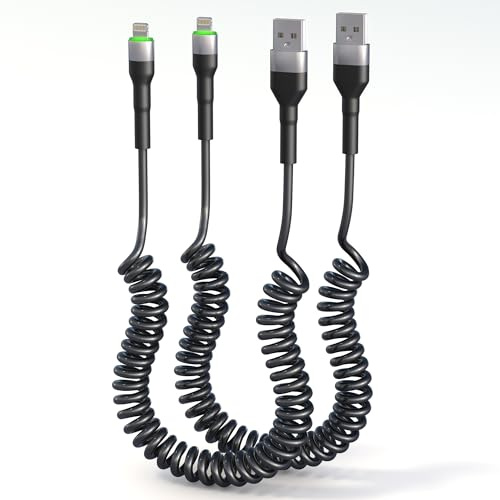 clickfish Cable Lightning en espiral, paquete de 2 [certificado Carplay y MFi], cable USB a Lightning en espiral con transmisión de datos y LED para coche, cable cargador retráctil para iPhone/Pad