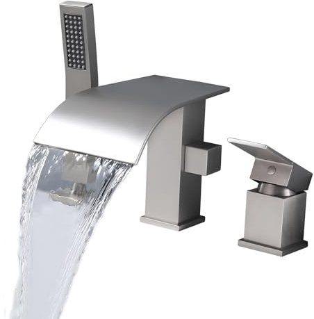 FSCEPIXI Waterfall Roman Tub Faucet with Hand Shower, Deck Mount Tub Filler Bathtub Faucet with Sprayer, Brass Widespread 3 Hole Bathtub Shower Faucet Set Brushed Nickel