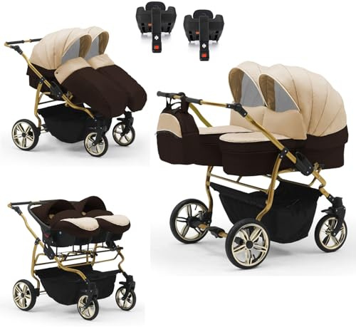 Zwillingskinderwagen 5 in 1 Duet Lux Goldedition inkl. Autositze und Iso Bases - 14 Teile - in 20 Farben