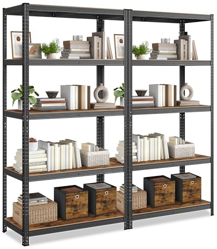 SONGMICS Standregal, 2er Set, 5 verstellbare Ablagen, 60 x 120 x 200 cm | Bücherregal, Küchenregal, Regal, bis 750 kg belastbar, Industrie-Design, vintagebraun-schwarz