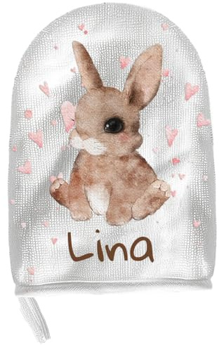 Personalisierter Baby-Badewaschlappen mit Namen | Wählbare Tiermotive | Mikrofaser & Baumwolle | Mit Aufhängeschlaufe | Hergestellt in der EU (Hase)