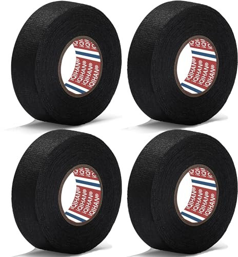 Cuckyzirl Wiring Loom Tape - 19mmx 15m Wiring Harness Tape Self Adhesive Black Cloth Tape for Car Motorcycle Cable Fixed - 4 Roll Heat-Resistant Fabric Electrical Insulation Tape for Reduce Noise