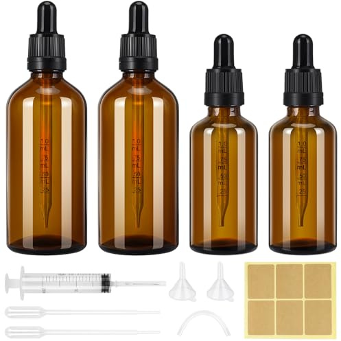 Farnirvana 4 Stück Pipettenflasche, 50ml 100ml Apothekerflasche Braunglasflasche mit Pipette Tropfflasche und Etikett, Glasflaschen für Ätherische Öle Parfümöle Aromatherapie