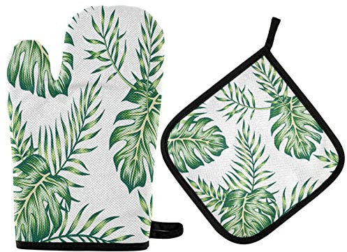 Ufuson Tropische grüne Blätter Ofenhandschuhe & Topflappen, rutschfeste Kochhandschuhe für Küche, waschbar, hitzebeständig, Ofenhandschuhe für Mikrowelle, BBQ, Backen, Grillen, 2 Stück