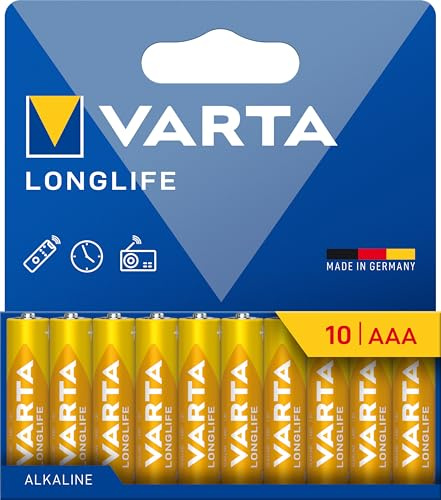VARTA Longlife - Pilas alcalinas AAA (10 Unidades, 1,5 V, Ideal para cámara Digital, Controlador, Monitor de presión Arterial Embalaje sin plástico)