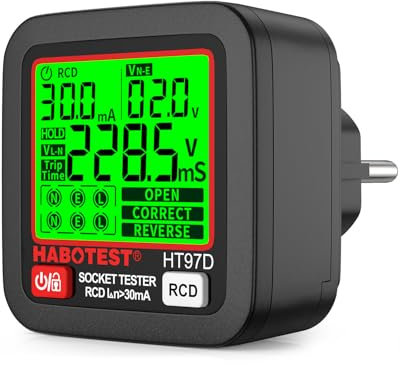 YOJOCK Tester de Prese, Tester per Circuiti Elettrici con Test RCD e Display LCD, 6 Tipi di Diagnosi di Errore, Indicatore di Tensione e Frequenza,30-260V/45-65Hz (EU Plug)