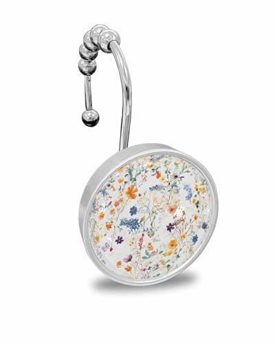 Shower Curtain Hooks Set of 12, Boho Wildflower Watercolor Plant Leaves Crystal Glass Showers Curtains Rings, Bathroom Decorative Rod Stainless Steel Rust Proof Roller Hangers Hook