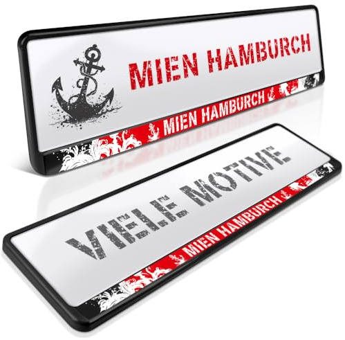 2 Kennzeichenhalter | Hamburg 11 | Moin Hamburch | PKW Nummernschildhalter | Hansestadt | Alster Anker | St. Pauli Reeperbahn | Kennzeichen-Halterung | Nummernschild-Halterung | Kennzeichen-Rahmen