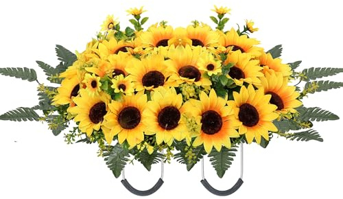 Lodou Artificial Cemetery Flowers for Grave,Headstone Flower Saddle Silk Sunflowers Grave Flowers for Cemetery Memorial for Outdoor Gravesite Decoration (Yellow)