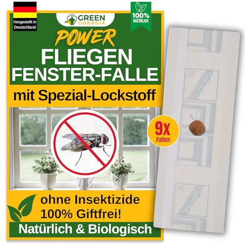 GREEN GUARDIA Fliegen Fenster-Falle mit Spezial-Lockstoff - 9X Fallen - umweltfreundlich Fliegen bekämpfen, Chemiefreie Falle mit starker Klebefläche, giftfrei & geruchsneutral