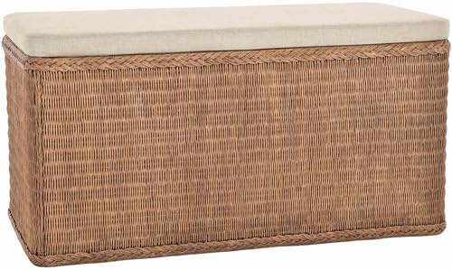 Krines Home XXL Wäschetruhe Rattan Sitztruhe Groß gepolstert Flur-Bank Aufbewahrung mit Deckel Bad Wäschesammler Sitz-Truhe Natur (Vintage Braun, 115x55cm)