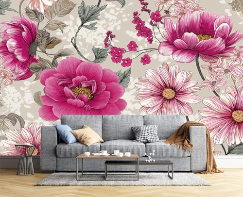JSCWDET 3D Panoramic Custom Wallpaper Mural Light Gray,Hand-Painted Flowers,Peony and Chrysanthemum Prints Effect, 150 × 105 Cm 3D Wall Sticker Poster Decoration