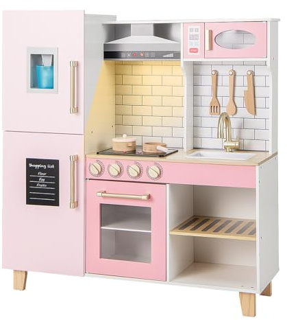 HOMASIS Spielküche mit 10 Zubehör, Kinderküche mit Spüle Herd Dunstabzugshaube Ofen Mikrowelle Tafel Grill Eismaschine, Spielzeugküche mit Licht & Sound, Holzküche für Kinder ab 3 Jahre, Rosa