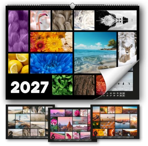 Timr XL Bildkalender 2027 - Wandkalender DIN A2 Quer - tr404 | 250 g/qm Bilderdruck matt mit Spiralbindung, Farbfotokalender mit Collage Motiven aus Natur Tiere Landschaften