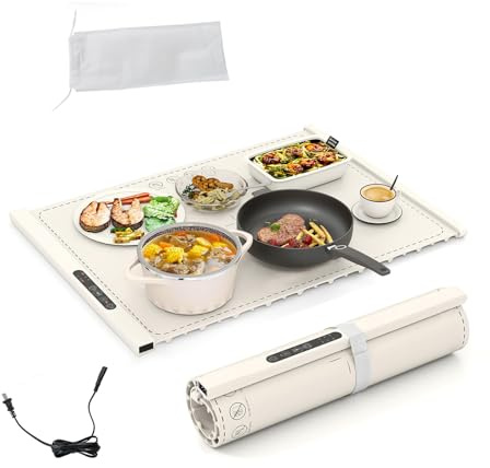 SOARS Chauffe Plat Electrique Pliable en Silicone (60 X 38 CM, Blanc) | Plaque Chauffante avec Température Réglable à 6 Niveaux, Chauffage Rapide, Minuterie, pour Fêtes, Buffets, Réunion Famille