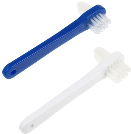 Spazzolino Nylon per Testa Pezzi Dentiera a Abs Doppia 2 | Bianco e Blu, Doppia Testina Lato Grande e Lato Angolato, Manico lungo Antiscivolo