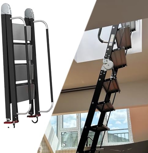 Dachbodentreppe Klappbare Dachbodenleiter für den Zugang zur Decke, Feuerleiter mit Rutschfesten Stufen und Sicherheitshandläufen, Platzsparende Aluminium-Dachbodenleiter(3.75 m/12.3 ft-13 step)