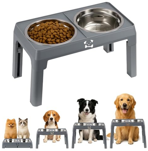 Höhenverstellbarer Hundenapf, 2 Edelstahlschalen à 1200 ml, rutschfeste Erhöhte Hundenapf-Station für Kleine, Mittelgroße und Große Hunde, 4 Höhen Verstellbar (grau)