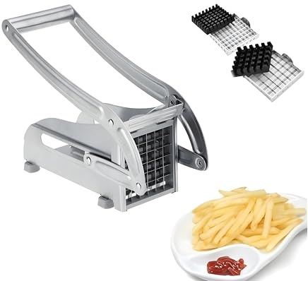 Potato Chipper Chip Cutter Stainless Steel French Fries Chopper Slicer Potato Vegetables Chipper with 2 Blades Professional Healthy Food Homemade Chips and Commercial Use
