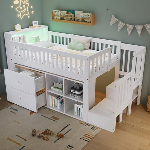 Miyemo Bunk Bed for Kids, 3ft Single Bed Frame with LED-Light, Storage Drawers & Multiple Storage Compartments, Wood Cabin Bed Frame with Stairs & Guard Rail, 90x190cm, White, (No Mattress)