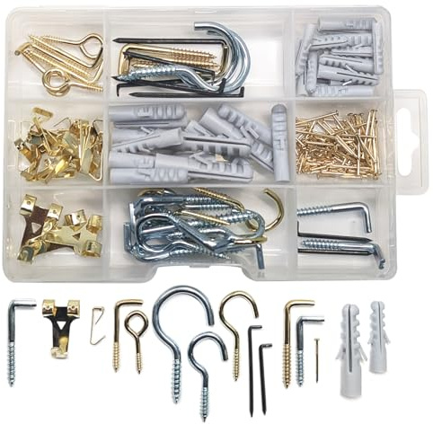 com-four® kit de 198 pièces avec crochets chevilles clous œillets et crochets d’angle, ensemble mural pour maison atelier et bricolage dans une boîte de rangement pratique