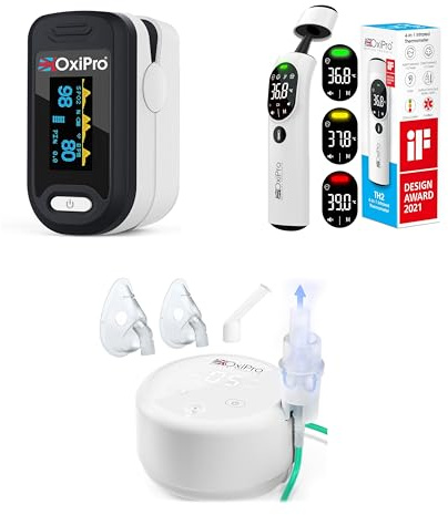OxiPro Respiratory Monitoring Kit – Nebuliser Machine Pulse Oximeter and Infrared Thermometer Bundle for Oxygen Saturation SpO2 Temperature and Respiratory Monitoring