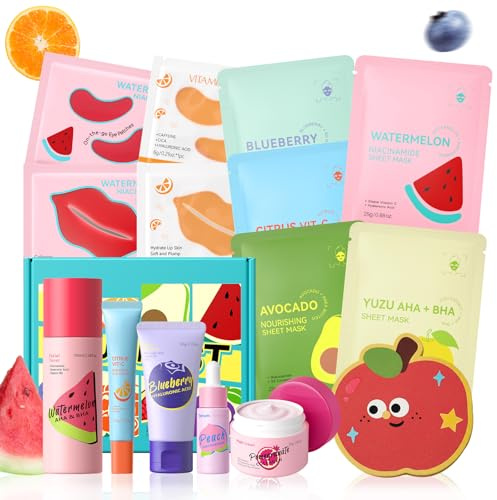 Fruit Skincare Set, 14 piezas Set Cuidado Facial Adolescentes | avce Limpiador Tónico Sérum Crema Mascarilla Facial/Ojos/Labios, Regalo para cumpleaños Navidad y el Día de San Valentín