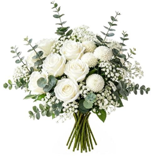 CECOMBINE 24 künstliche weiße Rosen, Seidenblumen mit weißen Pompon-Chrysanthemen und Eukalyptusblättern, realistische Kunstblumen für Hochzeiten, Partys, Büros, Küchendekorationen