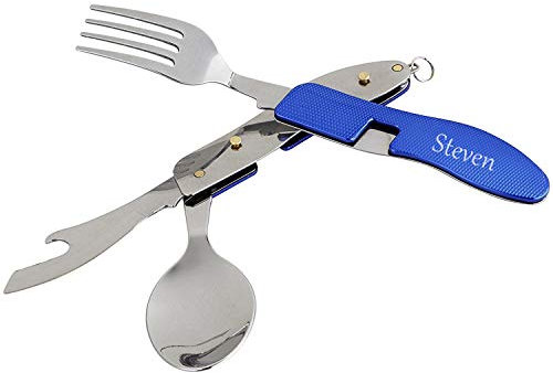 Geschenke 24: OUTDOOR Campingbesteck mit Personalisierung (Blau) – Multifunktion Besteckset mit Wunschname graviert