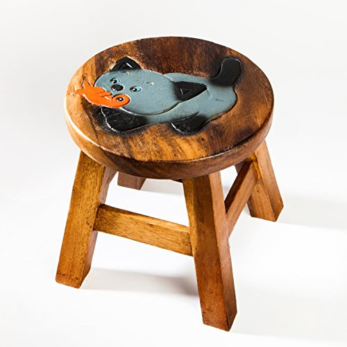 Kinderhocker, Schemel, Kinderstuhl massiv aus Holz mit Tiermotiv Katze, 25 cm Sitzhöhe für unsere Kindersitzgruppe