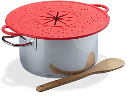 Relaxdays Coperchio silicone anti trabocco paraschizzi & sottopentola resistente al calore Ø 30 cm rosso