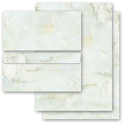 Briefpapier Sets Marmor & Struktur, MARMOR HELLGRÜN 10 Blatt Briefpapier + 10 passende Briefumschläge DIN LANG ohne Fenster | Paper-Media