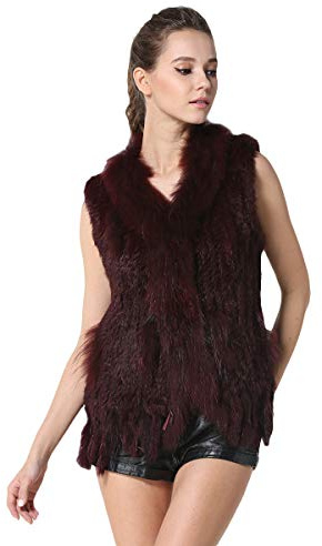 KAISHIN Gilet in Vera Pelliccia di Coniglio Lavorati a Maglia alla Moda per Donna Gilet con Collo in Pelliccia di Procione Casual per Tutte Le Partite (Vino Rosso, M: IT 44-46)