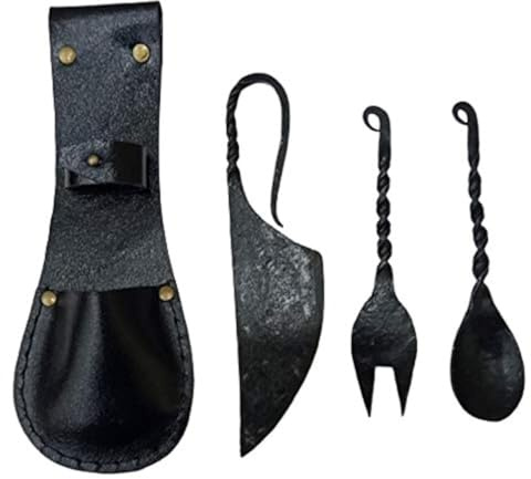 Juego de 3 cubiertos medievales, cuchillo, tenedor, cuchara con funda de cuero, decoración rústica vintage para el hogar, regalos