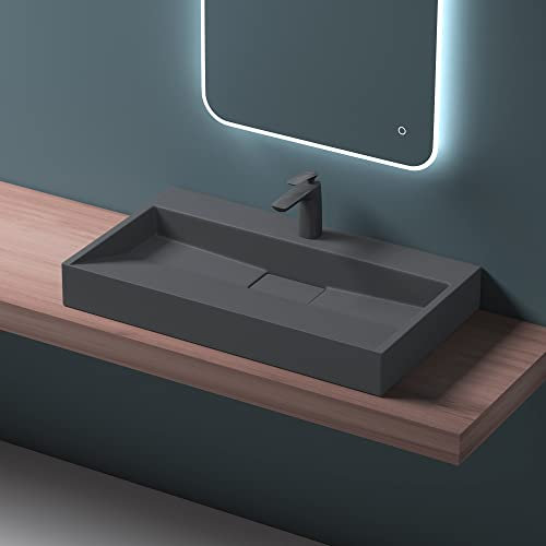 Mai & Mai Waschbecken Matt Anthrazit Aufsatzwaschbecken Hängewaschbecken Hängewaschtisch inkl. Ablaufgarnitur Mineralguss Rechteckig Waschplatz 1 Armaturenloch Breite: 80cm