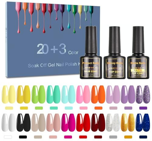 23 Pezzi Smalti Semipermanenti, SHOWNAIL 20 Colori Gel per Unghie con Base, Top Coat Lucido e Opaco, Set di Smalti in Gel Soak Off