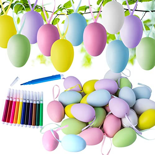 Fyvadio Ostereier, Deko-Eier Ostern, Ostereier aus Plastik zum Bemalen und Aufhängen, Inklusive 24pcs Ostereier Mit Band, 12Pcs Bunten Kuli, for Deko Dekoration an Ostern