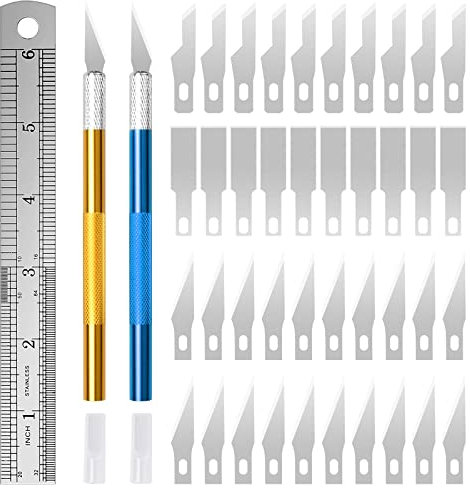 Cutter de Précision Olinner 2 Pcs Precision Cutter Couteaux Métal Scalpel avec 40 Lames Rechange Règle en Acier pour Couper Papier Sculpture Couteaux de Loisirs